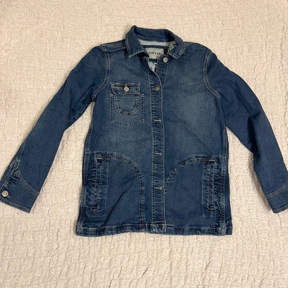 Orvis Barn Jacket Medium Wash Jean Denim Button Up Chore Jacket Sz Extra Small